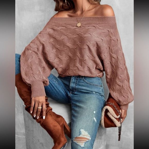 New Cozy Off Shoulder Batwing Sleeve Semi Cropped Sweater Trending Dusty Pink - Picture 7 of 8